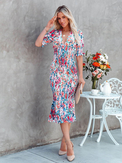 Floral Cotton Bodycon Dress - Tropical Ruffle Flowers Dress - Chuzko Women Clothing