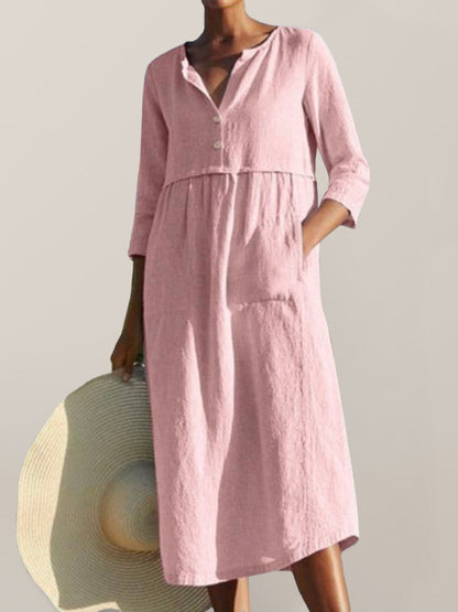 Solid Cotton-Linen Relaxed Straight Midi Dress Midi Dresses - Chuzko Women Clothing