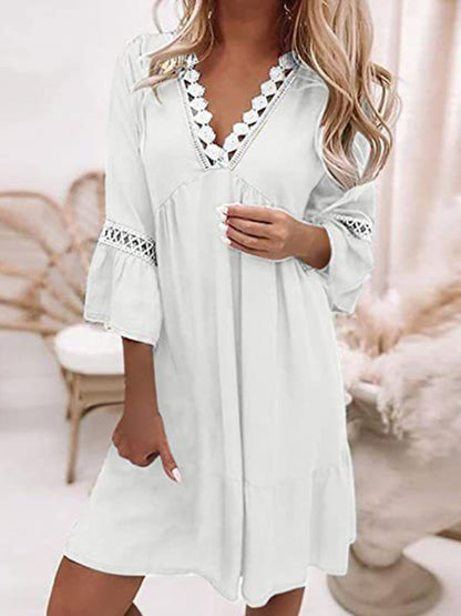 Solid Casual Flowy A-Line 3/4 Sleeve Short Dress with Lace Accents Casual Dresses - Chuzko Women Clothing