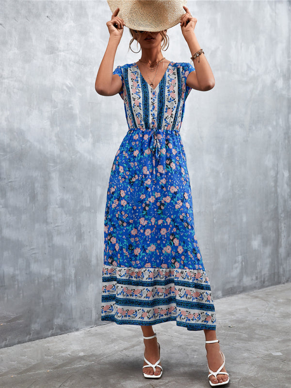 Floral A-Line V-Neck Waist Tie Ruffle Hem Midi Dress Midi Dresses - Chuzko Women Clothing