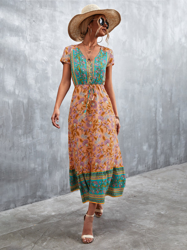 Floral A-Line V-Neck Waist Tie Ruffle Hem Midi Dress Midi Dresses - Chuzko Women Clothing