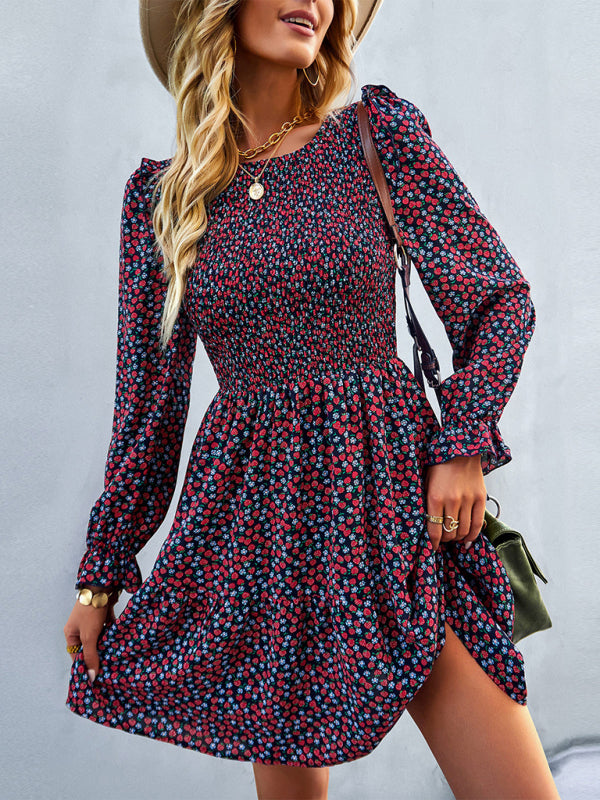 Floral Print Mini Dress with Puff Sleeves and Tiered Skirt Dresses - Chuzko Women Clothing