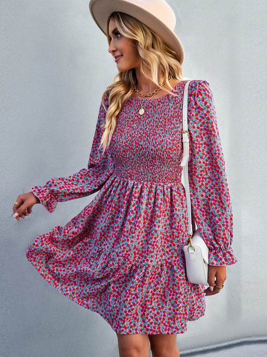 Floral Print Mini Dress with Puff Sleeves and Tiered Skirt Dresses - Chuzko Women Clothing