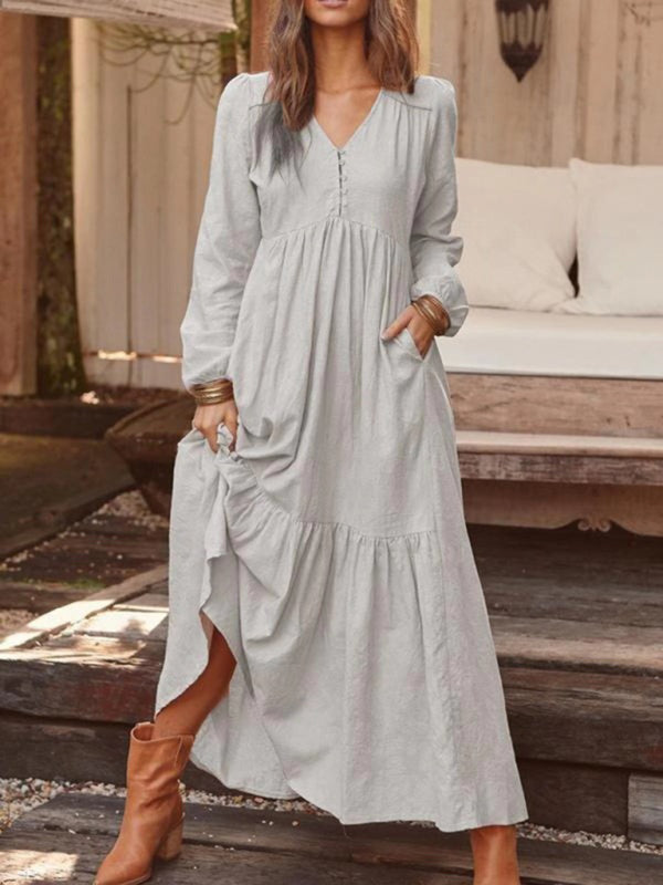 Cotton Tunic Ruffle Long Sleeve Maxi Dress Maxi Dresses - Chuzko Women Clothing