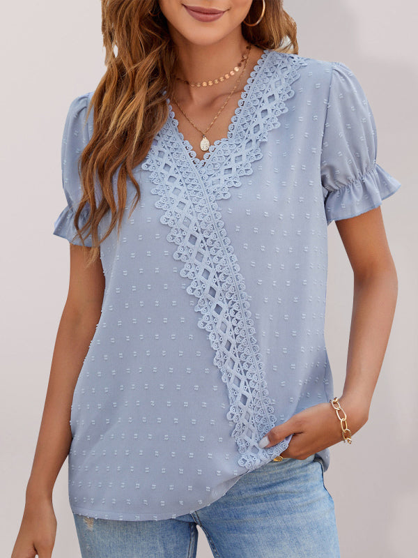 Women's Lace Trim Faux Wrap V-neck Clip Dot Puff Sleeve Blouse Tops - Chuzko Women Clothing