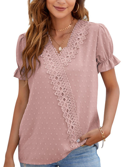 Women's Lace Trim Faux Wrap V-neck Clip Dot Puff Sleeve Blouse Tops - Chuzko Women Clothing