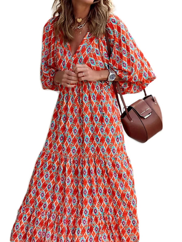 Geometric Print Puff Sleeve Tiered Holiday Maxi dress Maxi dress - Chuzko Women Clothing