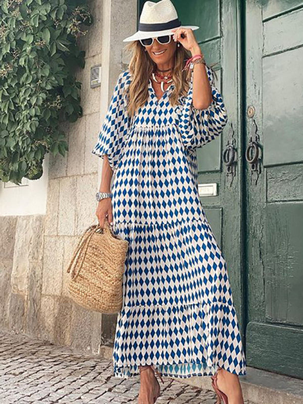 Geometric Print Puff Sleeve Tiered Holiday Maxi dress Maxi dress - Chuzko Women Clothing