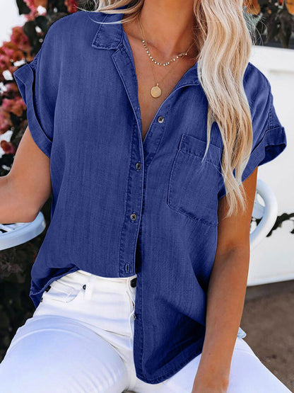 Summer Jean Denim Button-Up Short Sleeve Shirt Shirt - Chuzko Women Clothing