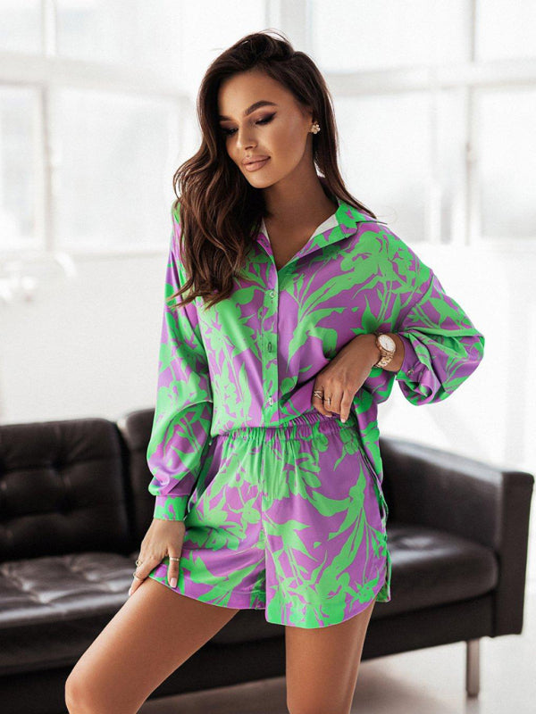 Cotton Blend Abstract Print Outfit Long Sleeve Shirt and Shorts Casual Suit (Shorts + Top) - Chuzko Women Clothing