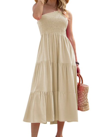 Solid Cotton One-shoulder Smocked Midi Dress Midi dress - Chuzko Women Clothing