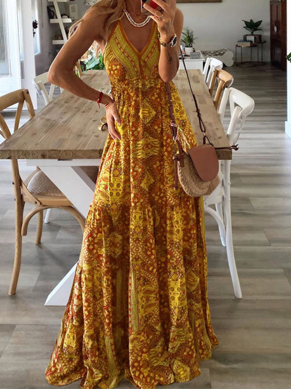 Summer Vacation Boho Tiered Cami Maxi Dress Dress - Chuzko Women Clothing