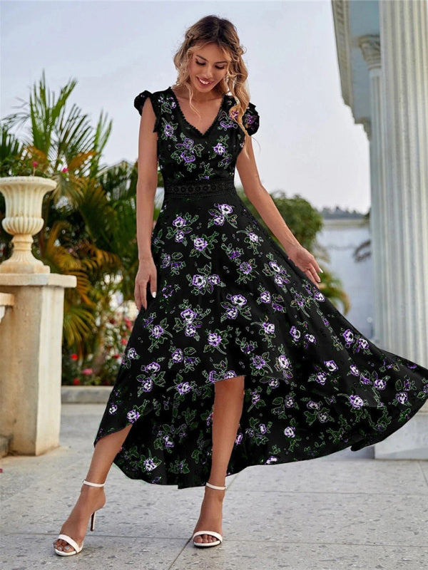 Cocktail Cotton Floral V-Neck High-Low Midi Dress with Lace Accents Maxi dress - Chuzko Women Clothing