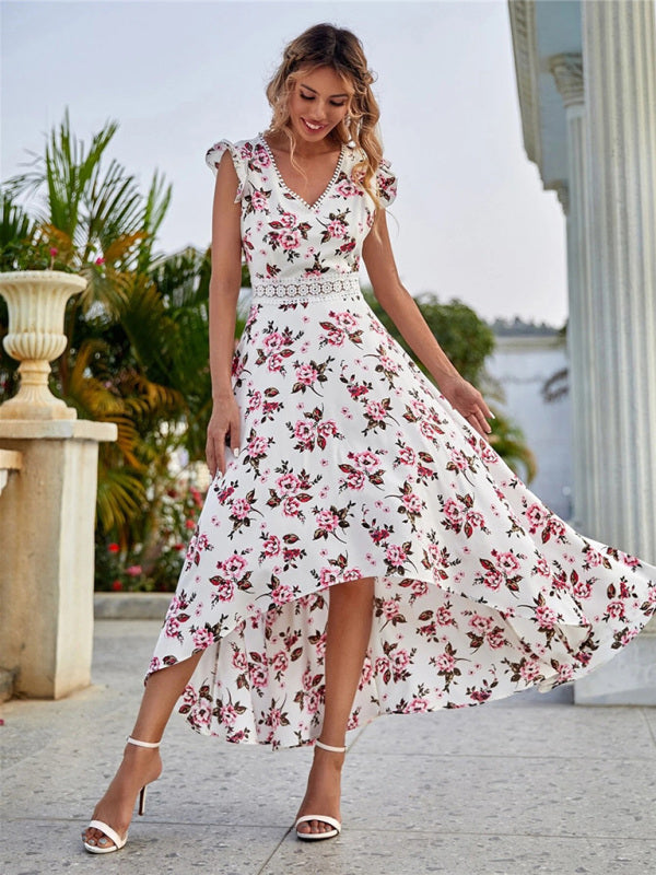 Cocktail Cotton Floral V-Neck High-Low Midi Dress with Lace Accents Maxi dress - Chuzko Women Clothing