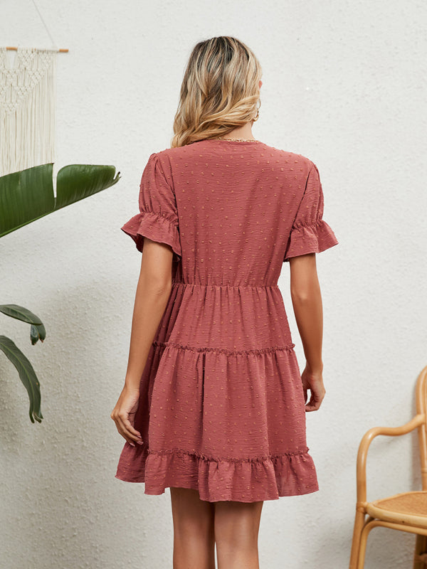 Swiss dot jacquard Casual Tiered Mini Dress Mini dress - Chuzko Women Clothing