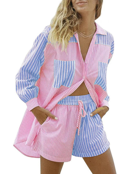 Cotton Stripe Casual Suit Shirt and Shorts Set Casual Suit (Shorts + Top) - Chuzko Women Clothing
