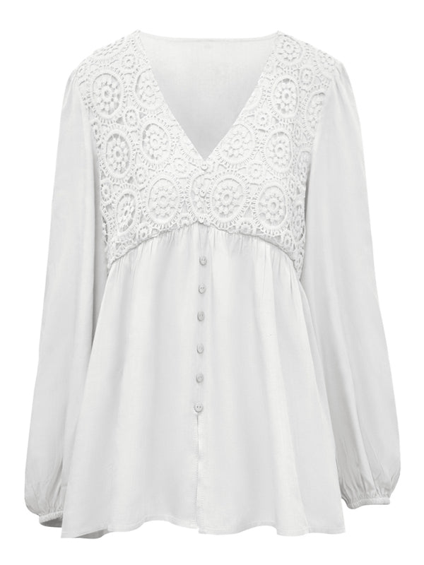 Embroidered Lace Blouse - Balloon Sleeve Button Top Tops - Chuzko Women Clothing