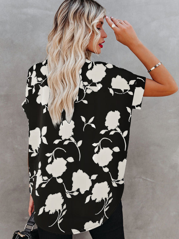 Black Floral V-Neck Oversize Blouse Tops - Chuzko Women Clothing