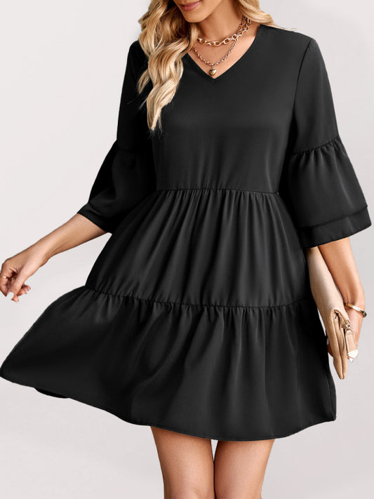 Solid Tiered Ruffle Flowy V-neck Mini Dress Dresses - Chuzko Women Clothing