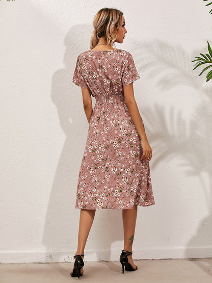 Garden Floral Smocked Waist A-Line Short Sleeve Midi Dress Dress - Chuzko Women Clothing