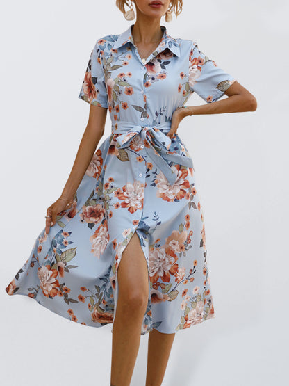 Printed V-neck lantern long-sleeved loose casual shirt - Midi dress Dresses - Chuzko Women Clothing