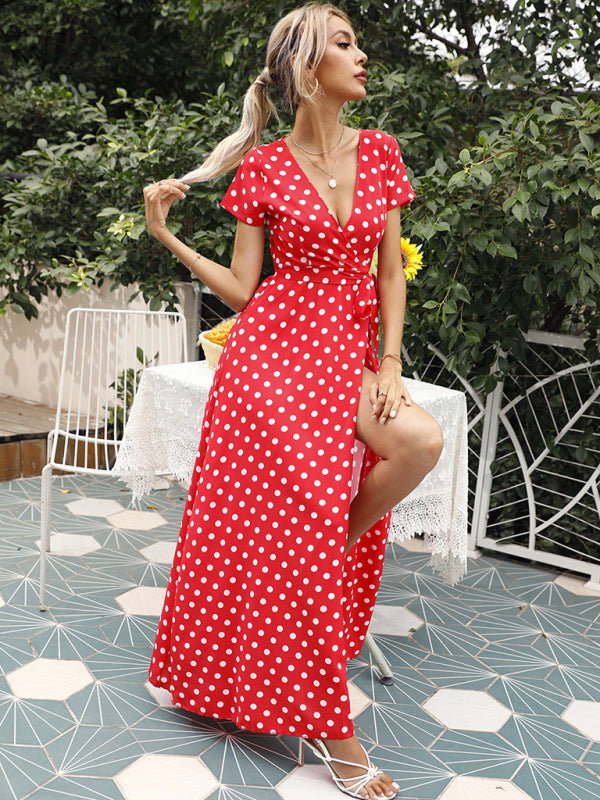 Polka Dot Cotton Wrap Maxi Dress Maxi dress - Chuzko Women Clothing