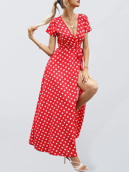 Polka Dot Cotton Wrap Maxi Dress Maxi dress - Chuzko Women Clothing