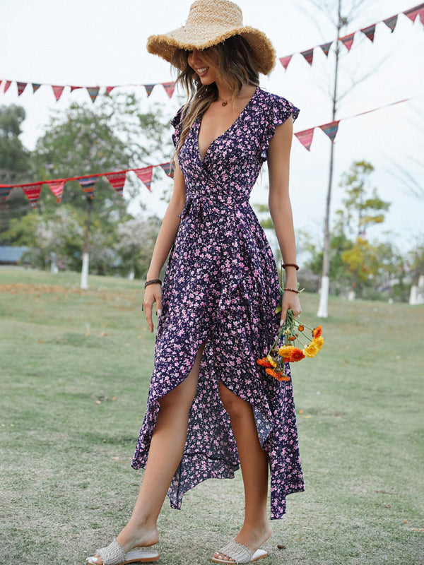 Floral V-Neck High-Low Wrap Midi Dress Maxi dress - Chuzko Women Clothing