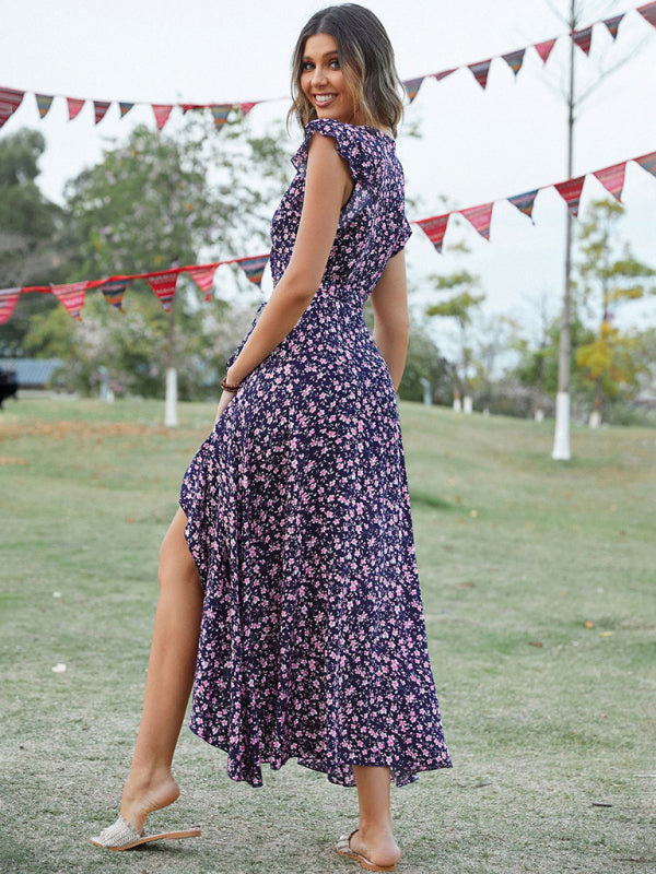Floral V-Neck High-Low Wrap Midi Dress Maxi dress - Chuzko Women Clothing