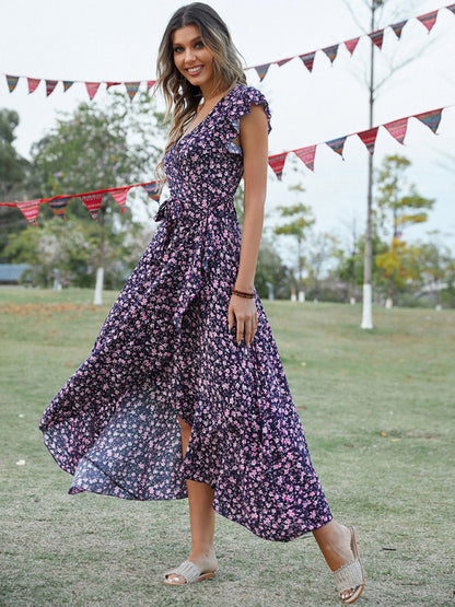 Floral V-Neck High-Low Wrap Midi Dress Maxi dress - Chuzko Women Clothing