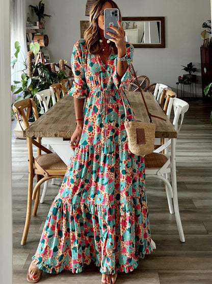 Floral Tiered Ruffles Puff Sleeve Waist Tie Maxi Dress Dresses - Chuzko Women Clothing
