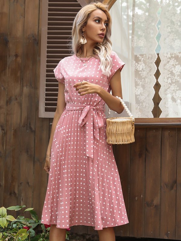 Romantic Polka Dot Midi Dress with Belted Waist and Pleated Skirt Dress - Chuzko Women Clothing