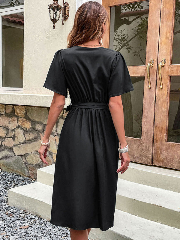 Solid Surplice V-Neck Buttoned Tie-Waist Dress Dress - Chuzko Women Clothing