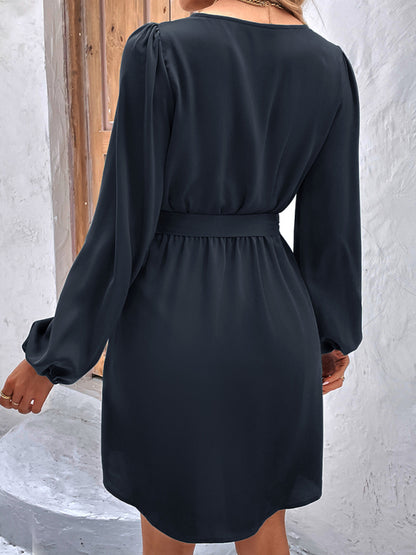 Solid A-Line Long Sleeve Waist Tie Mini Dress Dresses - Chuzko Women Clothing
