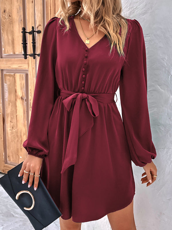 Solid A-Line Long Sleeve Waist Tie Mini Dress Dresses - Chuzko Women Clothing