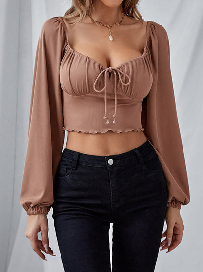 Fun and Flirty Crop Top with Bubble Puff Sleeves Tops - Chuzko Women Clothing