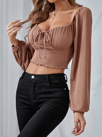 Fun and Flirty Crop Top with Bubble Puff Sleeves Tops - Chuzko Women Clothing
