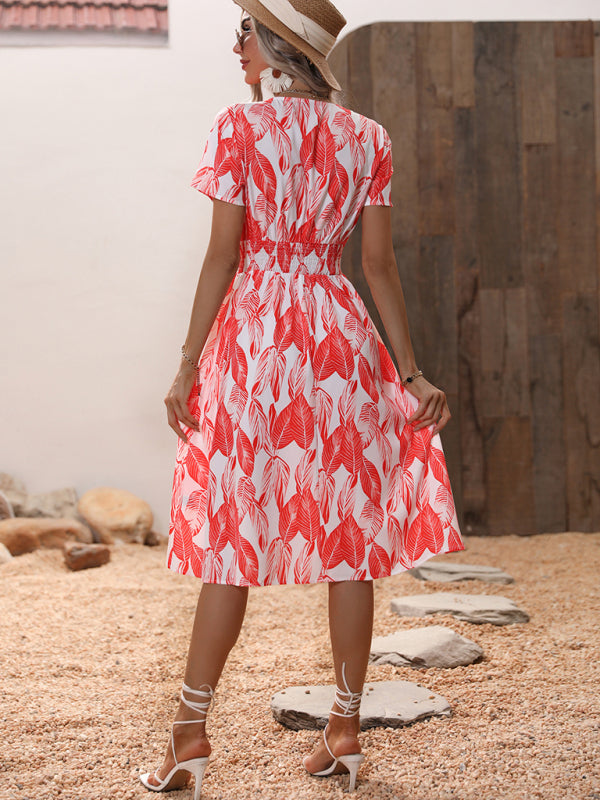 Tropical Breeze: Elegant Vacation Midi Dress with Leaf Print Midi dress - Chuzko Women Clothing