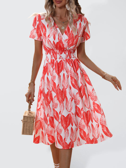 Tropical Breeze: Elegant Vacation Midi Dress with Leaf Print Midi dress - Chuzko Women Clothing