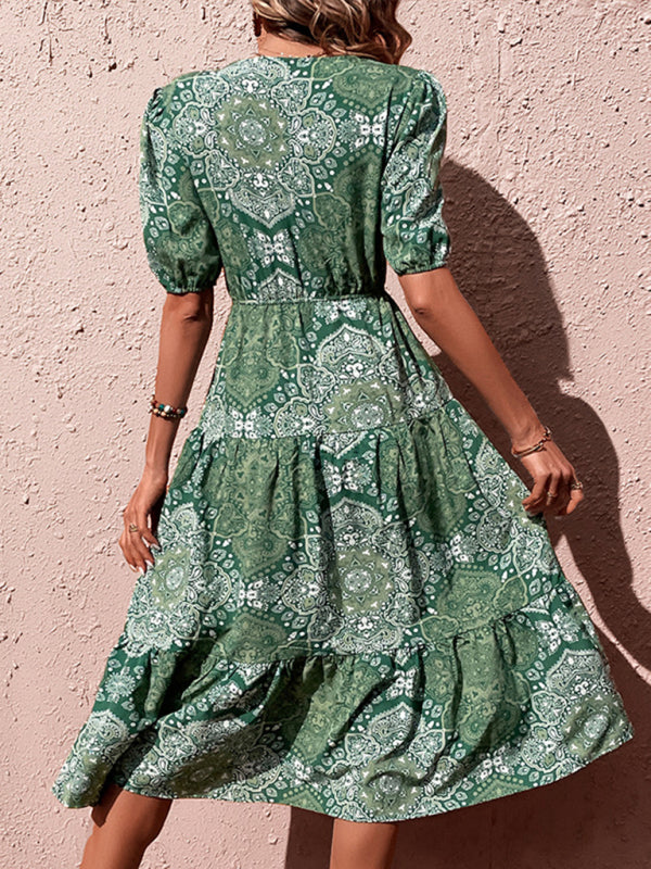 Summer Bloom: V-Neck Puff Sleeve Floral Maxi Dress with Side Slit Midi dress - Chuzko Women Clothing