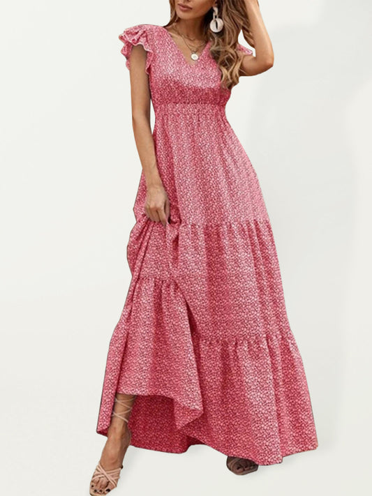 Floral Tiered V-Neck Smocked Waist Maxi Dress Maxi dresses - Chuzko Women Clothing