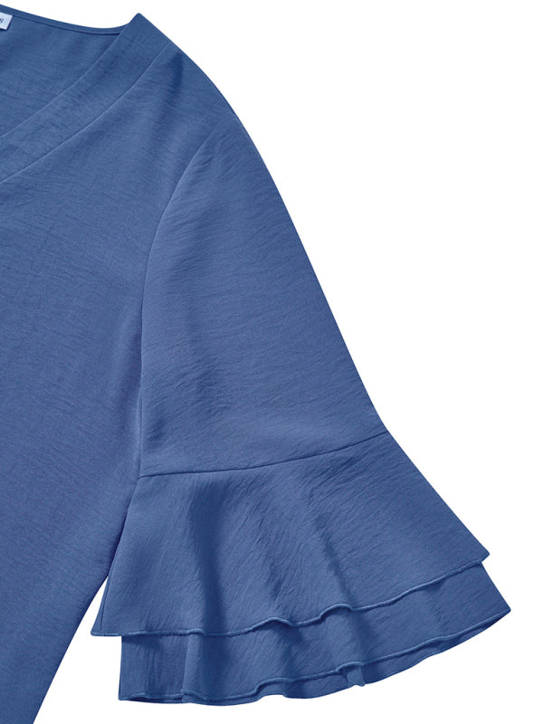 Bell Layered Sleeve Tunic - Tiered Ruffle Sleeve Blouse Tops - Chuzko Women Clothing
