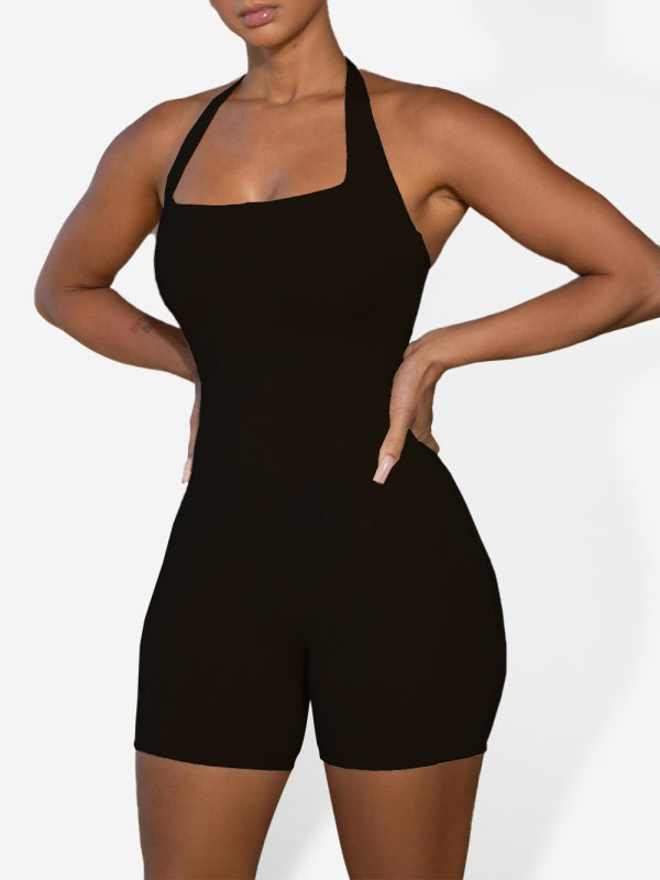 Solid Butt Lifting Backless Halter Romper Unitard Tight Rompers - Chuzko Women Clothing