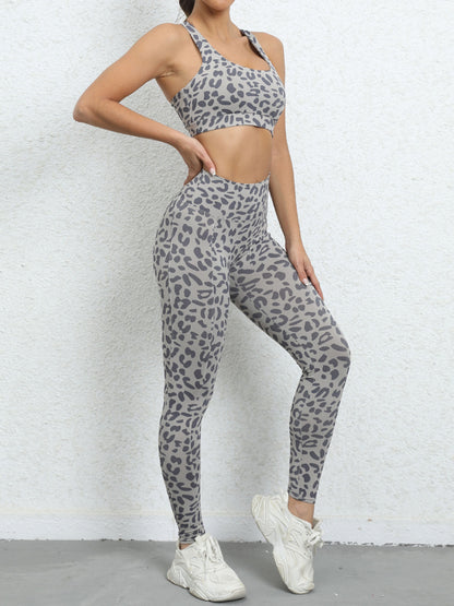 Gym Yoga Set: Leopard Print Tank Top + Scrunch Butt Lifting Leggings Activewear - Chuzko Women Clothing