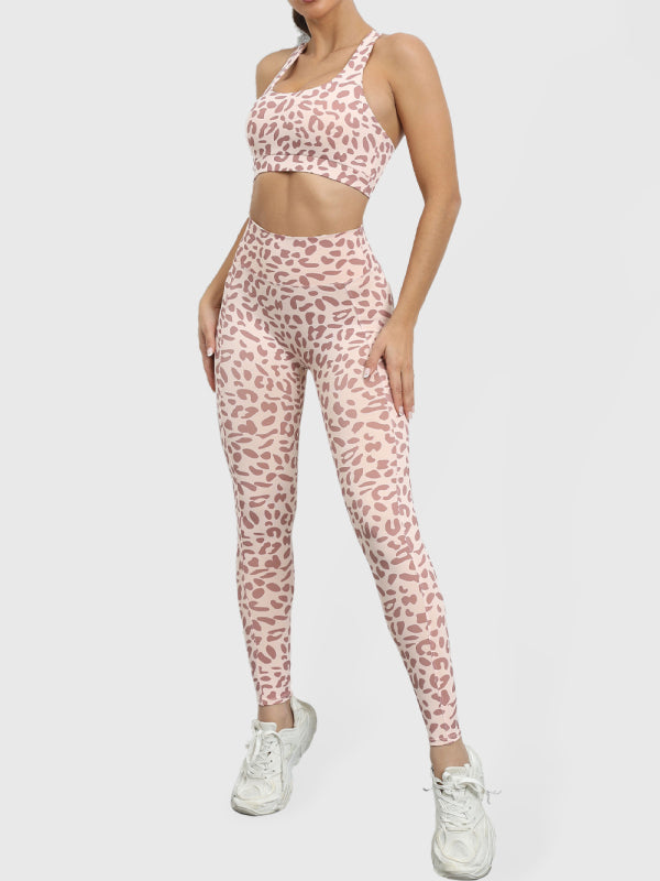 Gym Yoga Set: Leopard Print Tank Top + Scrunch Butt Lifting Leggings Activewear - Chuzko Women Clothing