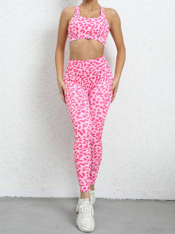 Gym Yoga Set: Leopard Print Tank Top + Scrunch Butt Lifting Leggings Activewear - Chuzko Women Clothing