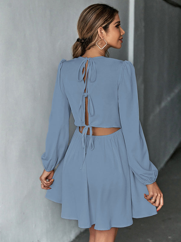 Solid Lace-up Back Mini Dress with Puff Long Sleeve Dresses - Chuzko Women Clothing