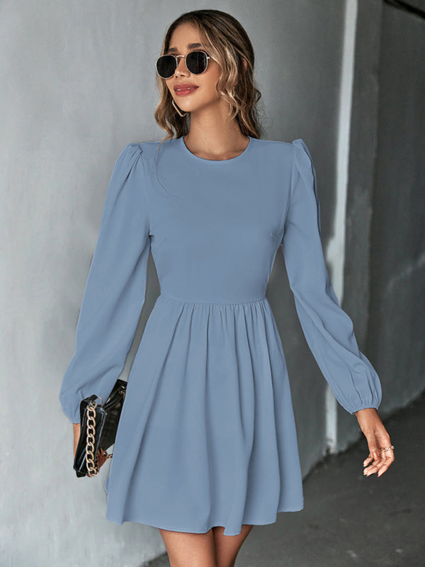 Solid Lace-up Back Mini Dress with Puff Long Sleeve Dresses - Chuzko Women Clothing