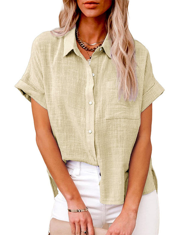 Textured Pocketed Button-Front Short Sleeve Shirt Tops - Chuzko Women Clothing