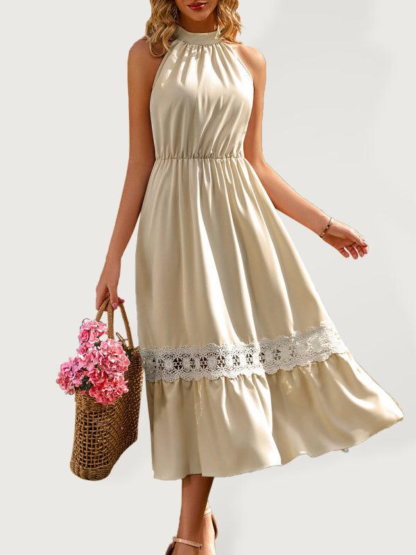 Elevate Your Style with our Stunning Lace Halterneck Midi Dress Dress - Chuzko Women Clothing